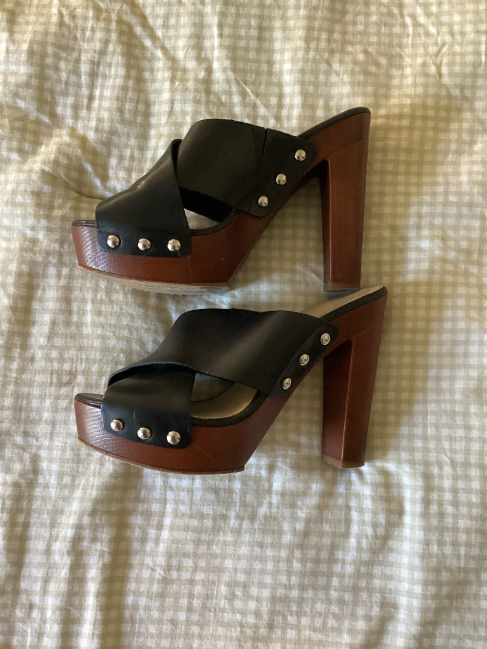 Vince Camuto Black Leather Crisscross Platform Mule with Brown Wood-Look Heel